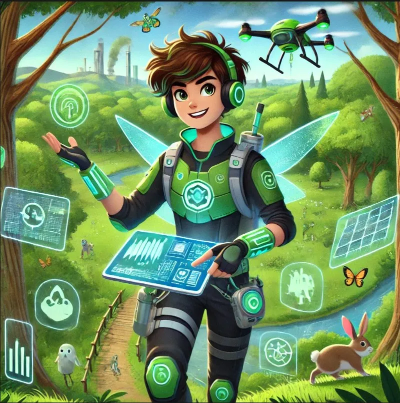 Ilustrație: tânără care îmbină natura și tehnologia pentru un mediu mai curat