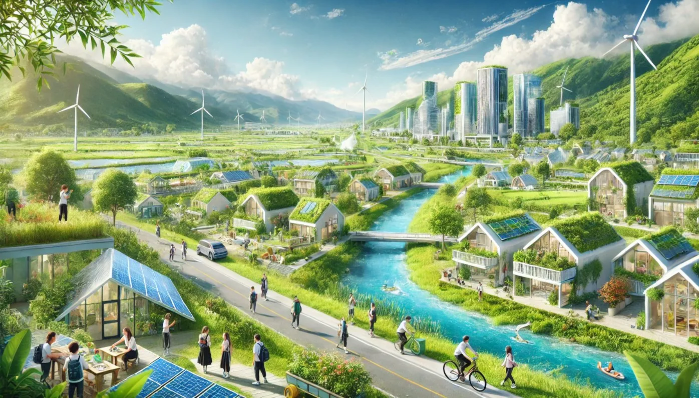 Ilustrație: oraș verde, cu râu curat, panouri solare, turbine eoliene și oameni care merg pe jos sau cu bicicleta